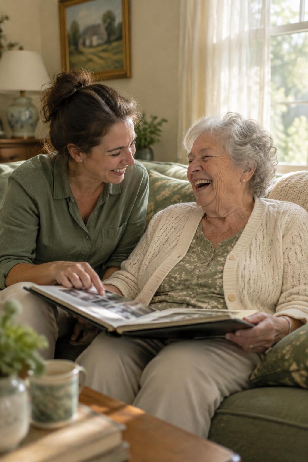 A caregiver and an older woman looking through a photo album together