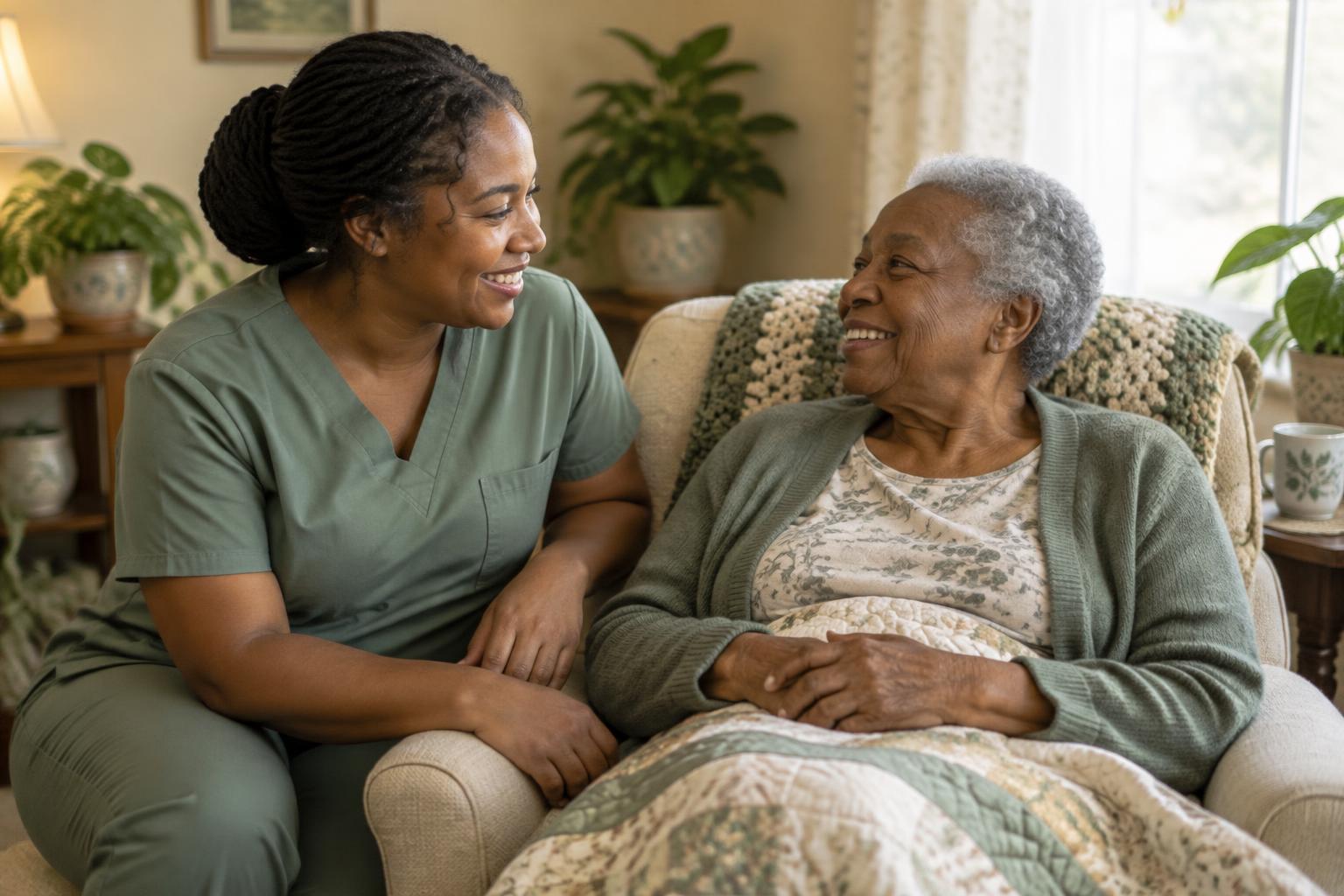 A caregiver sitting with an older woman in her living room, talking together