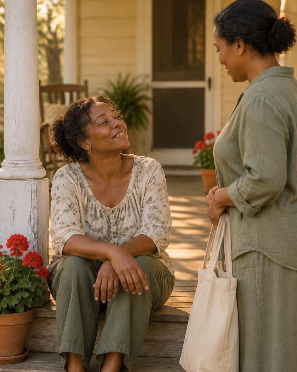 A daughter resting on a porch step, talking with a caregiver
